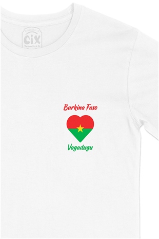 Vagadugu Burkina Faso Bayraklı Kalpli Cep Logo Tasarımlı Beyaz Tişört