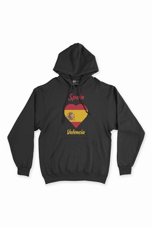 Valensiya İspanya Bayraklı Kalpli Siyah Sweatshirt Hoodie