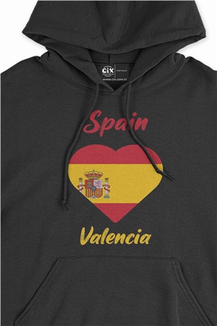 Valensiya İspanya Bayraklı Kalpli Siyah Sweatshirt Hoodie
