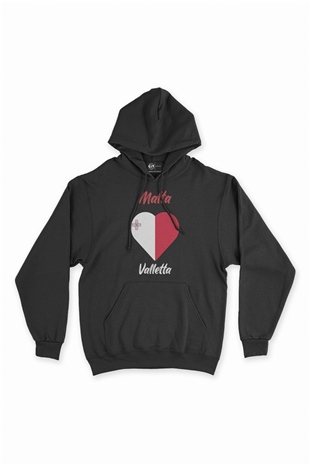 Valletta Malta Bayraklı Kalpli Siyah Sweatshirt Hoodie