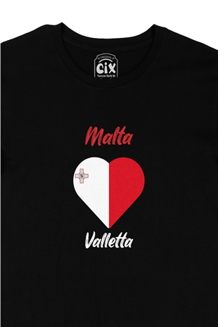 Valletta Malta Bayraklı Kalpli Siyah Tişört