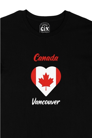 Vancouver Canada Bayraklı Kalpli Siyah Tişört