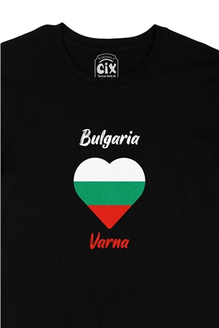 Varna Bulgaristan Bayraklı Kalpli Siyah Tişört