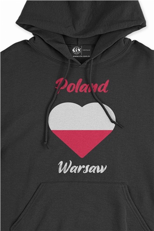 Varşova Polonya Bayraklı Kalpli Siyah Sweatshirt Hoodie