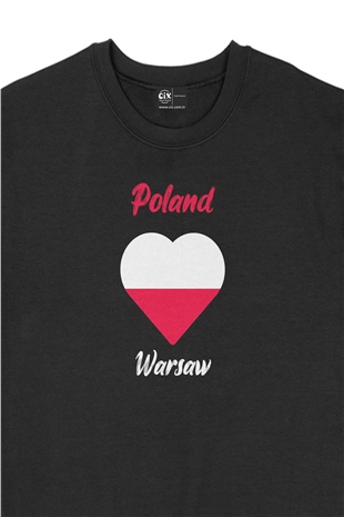 Varşova Polonya Bayraklı Kalpli Siyah Sweatshirt