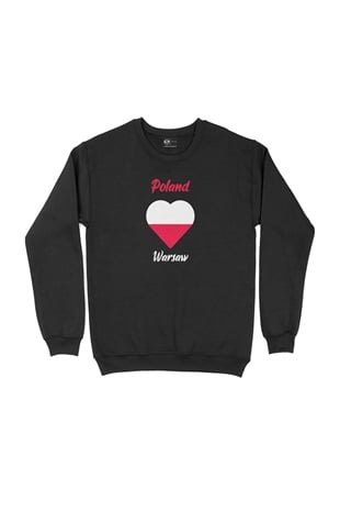 Varşova Polonya Bayraklı Kalpli Siyah Sweatshirt