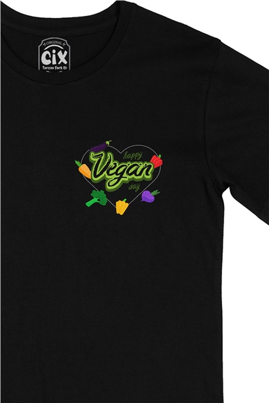 Vegan Day Cep Logo Tasarımlı Siyah Tişört