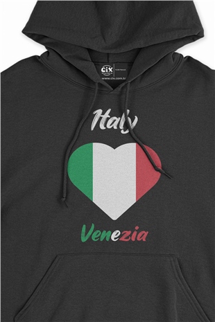 Venedik İtalya Bayraklı Kalpli Siyah Sweatshirt Hoodie