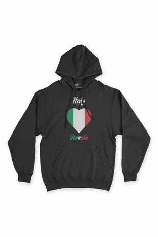 Venedik İtalya Bayraklı Kalpli Siyah Sweatshirt Hoodie