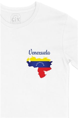 Venezuela Haritalı ve Bayraklı Cep Logo Tasarımlı Beyaz Tişört