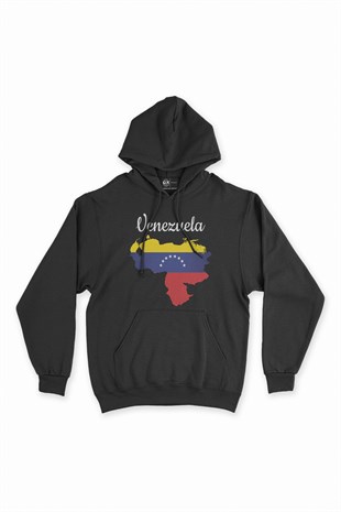 Venezuela Haritalı ve Bayraklı Siyah Kapşonlu Sweatshirt Hoodie