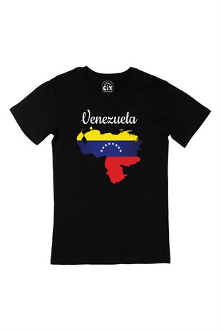 Venezuela Haritalı ve Bayraklı Siyah Tişört