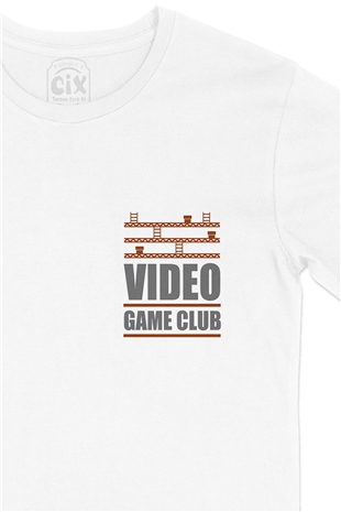 Video Game Club Cep Logo Tasarımlı Beyaz Tişört
