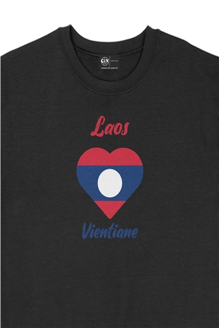 Vientiane Laos Bayraklı Kalpli Siyah Sweatshirt