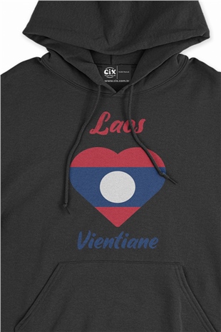 Vientiane Laos Bayraklı Kalpli Siyah Sweatshirt Hoodie
