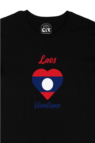 Vientiane Laos Bayraklı Kalpli Siyah Tişört