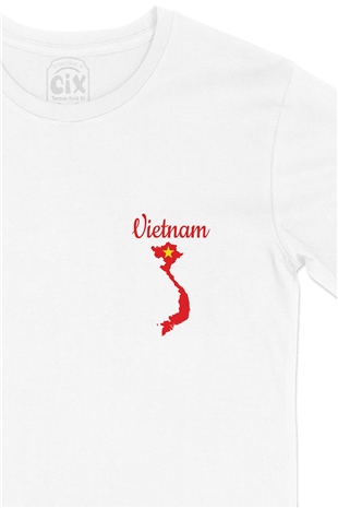 Vietnam Haritalı ve Bayraklı Cep Logo Tasarımlı Beyaz Tişört