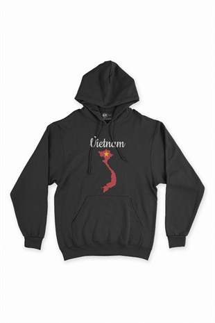 Vietnam Haritalı ve Bayraklı Siyah Kapşonlu Sweatshirt Hoodie