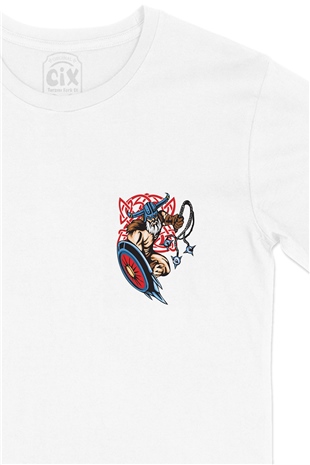 Viking Gürz ve Kalkanlı Cep Logo Tasarımlı Beyaz Tişört