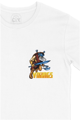 Viking Kılınç ve Balta Cep Logo Tasarımlı Beyaz Tişört