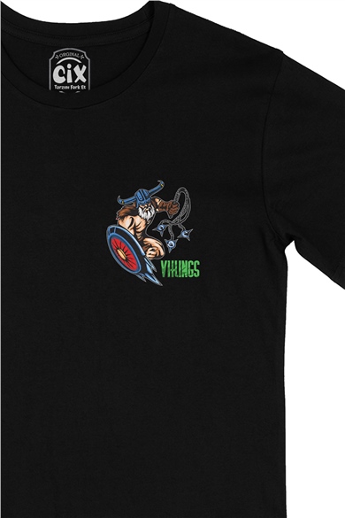 Vikings Kalkan ve Gürzlü Cep Logo Tasarımlı Siyah Tişört
