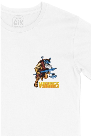Vikings Kılınç ve Balta Cep Logo Tasarımlı Beyaz Tişört