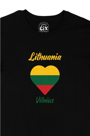 Vilnüs Litvanya Bayraklı Kalpli Siyah Tişört
