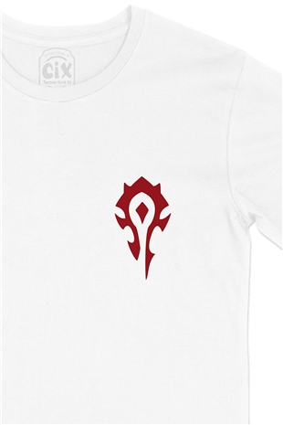 Warcraft Kırmızı Logolu Cep Logo Tasarımlı Beyaz Tişört