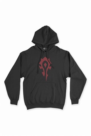Warcraft Kırmızı Logolu Siyah Kapşonlu Sweatshirt Hoodie