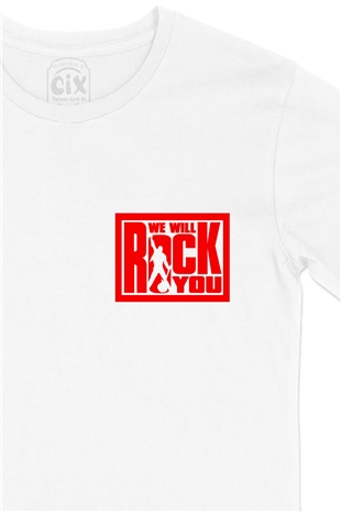 We Will Rock You Cep Logo Tasarımlı Beyaz Tişört