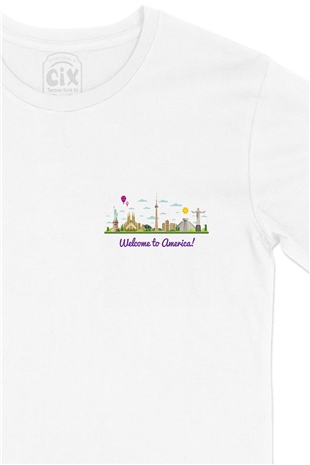 Welcome To America Cep Logo Tasarımlı Beyaz Tişört