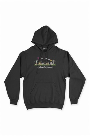 Welcome To America Siyah Kapşonlu Sweatshirt Hoodie