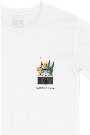Wonderfull Asia Cep Logo Tasarımlı Beyaz Tişört