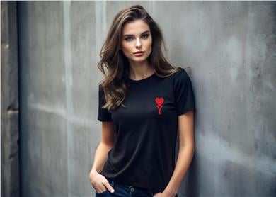 Y Harf Baskılı Kalpli Boyfriend Siyah Tişört