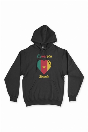 Yaunde Kamerun Bayraklı Kalpli Siyah Sweatshirt Hoodie