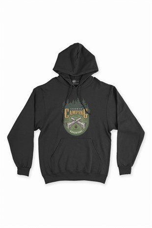 Yaz Kampı Maceraları Siyah Kapşonlu Sweatshirt Hoodie