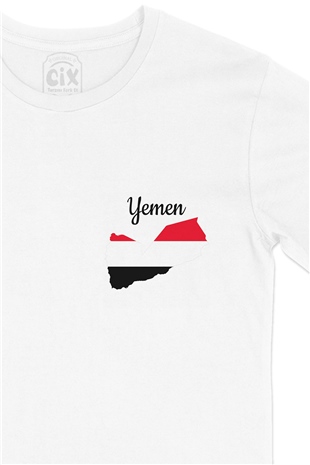 Yemen Haritalı ve Bayraklı Cep Logo Tasarımlı Beyaz Tişört