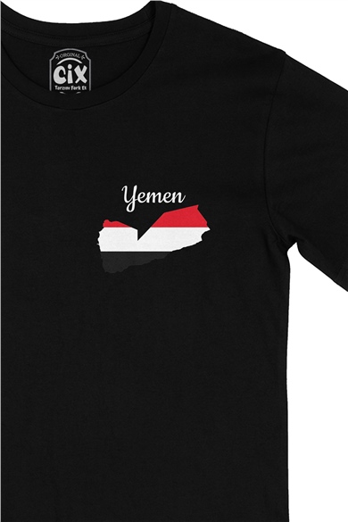 Yemen Haritalı ve Bayraklı Cep Logo Tasarımlı Siyah Tişört