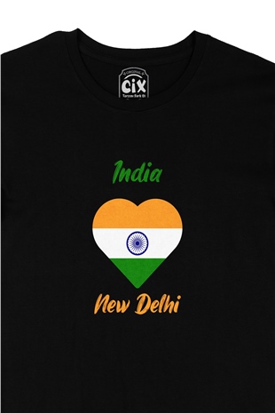 Yeni Delhi Hindistan Bayraklı Kalpli Siyah Tişört