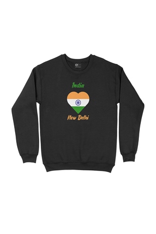 Yeni Delhi Hindistan Bayraklı Kalpli Siyah Sweatshirt