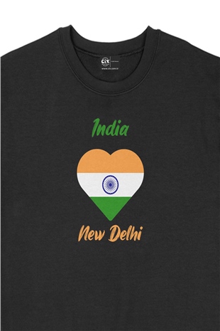 Yeni Delhi Hindistan Bayraklı Kalpli Siyah Sweatshirt
