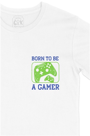Yeşil Born To Be A Gamer Cep Logo Tasarımlı Beyaz Tişört
