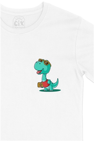 Yeşil Dinozorlu Cep Logo Tasarımlı Beyaz Tişört