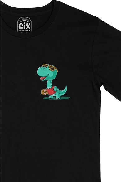 Yeşil Dinozorlu Cep Logo Tasarımlı Siyah Tişört