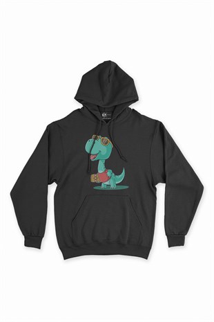 Yeşil Dinozorlu Siyah Kapşonlu Sweatshirt Hoodie