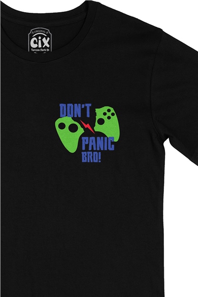Yeşil Dont Panic Bro Cep Logo Tasarımlı Siyah Tişört