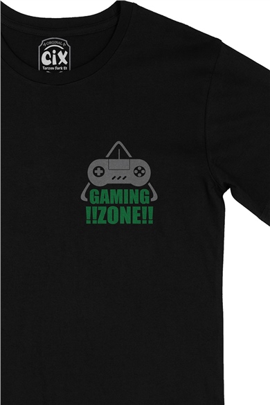Yeşil Gaming Zone Cep Logo Tasarımlı Siyah Tişört