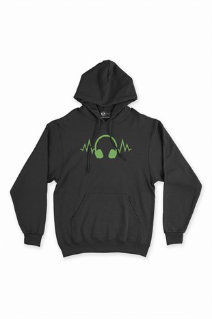 Yeşil Kulaklık Siyah Kapşonlu Sweatshirt Hoodie