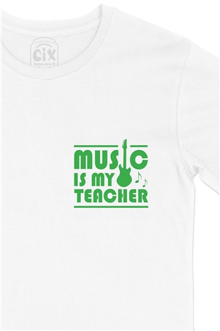 Yeşil Music Is My Teacher Cep Logo Tasarımlı Beyaz Tişört