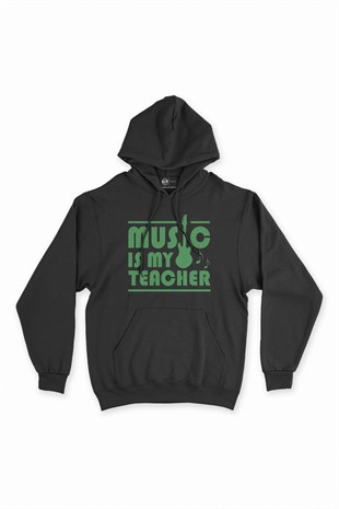 Yeşil Music Is My Teacher Siyah Kapşonlu Sweatshirt Hoodie